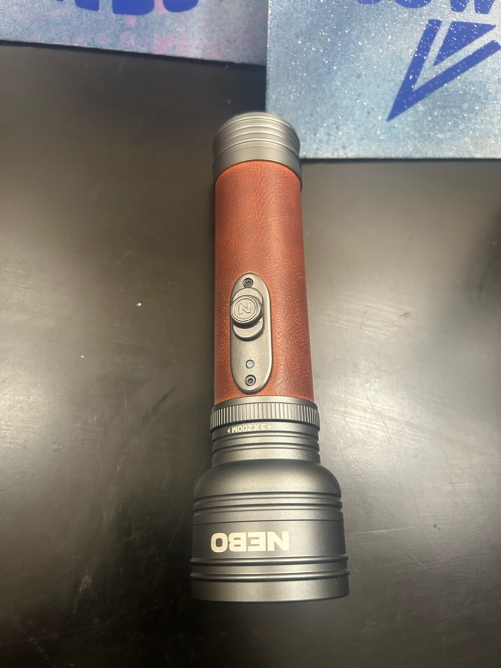 NEBO Handheld Flashlight - Brown Leather Grip, Gunmetal Head